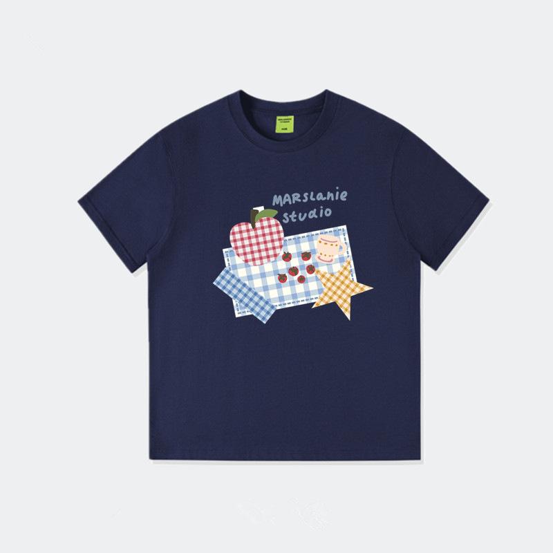 Pure cotton European goods American retro short-sleeved t-shirt women's summer loose fat mm lazy niche design half-sleeved top