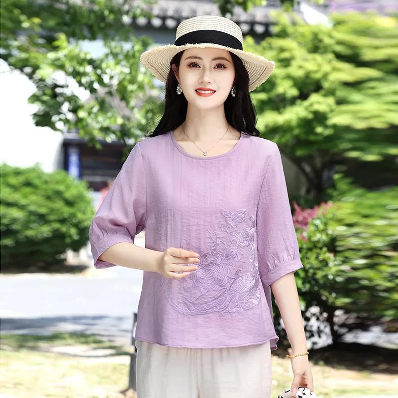 Women Casual Loose Pink Shirt Floral Embroidery Half Sleeve Blouse