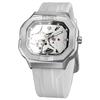 Forsining Mens Skeleton Automatic Self Wind Mechanical Movement Watches Waterproof Luminous Square Dial Silicone Strap Wrist Watch
