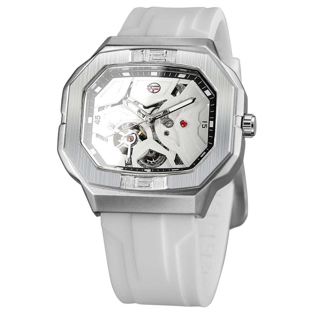 Forsining Mens Skeleton Automatic Self Wind Mechanical Movement Watches Waterproof Luminous Square Dial Silicone Strap Wrist Watch