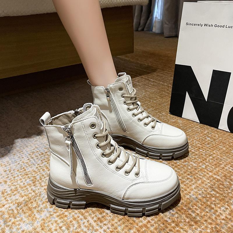 

2025 новые внутренние ботинки Мартин британский стиль универсальные женские туфли узкие маленькие осенне-зимние бархатные кожаные короткие ботинки 40 бежевый