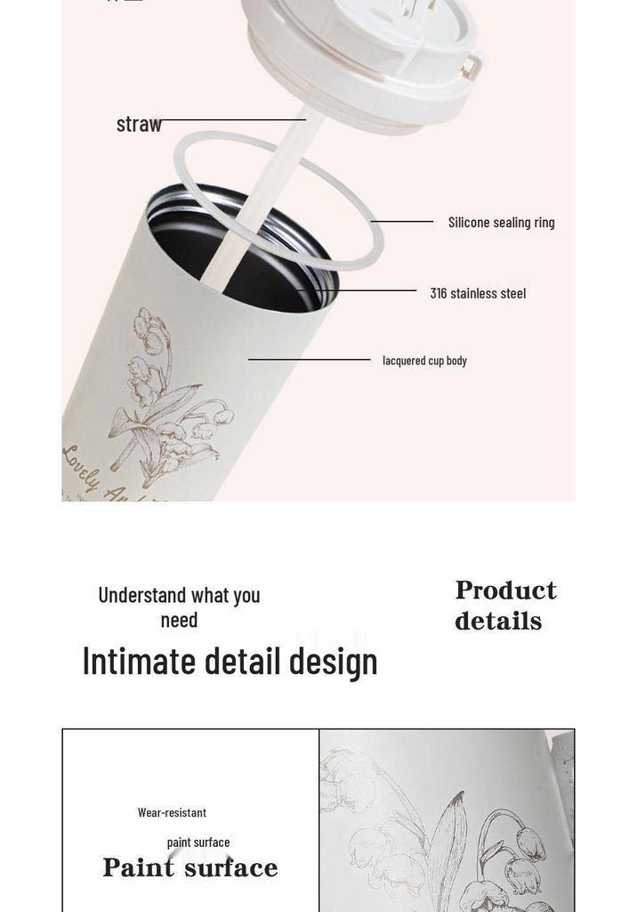 BaWangChaJi 316 Stainless Steel Aesthetic Insulated Coffee Cup with Double Straw Design