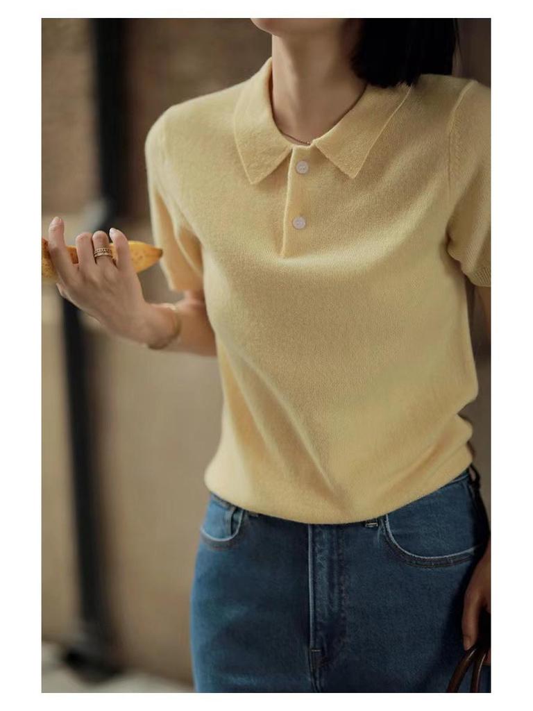 Korean Style Slimming Polo Collar Knit Shirt - Women's Casual Summer Pullover