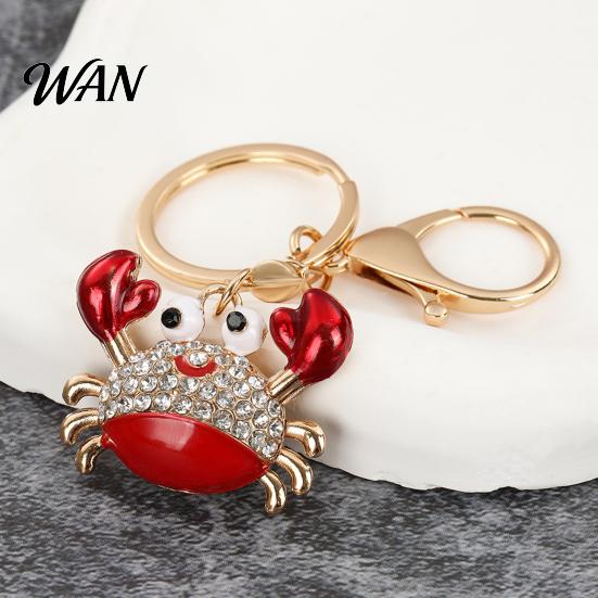 Zinc Alloy Keychain Charm Pendant Sparkling Rhinestones Inlaid Crab Design Key Anti-oxidation Holder with Lobster Clasp Lightweight Car Bag Accessory