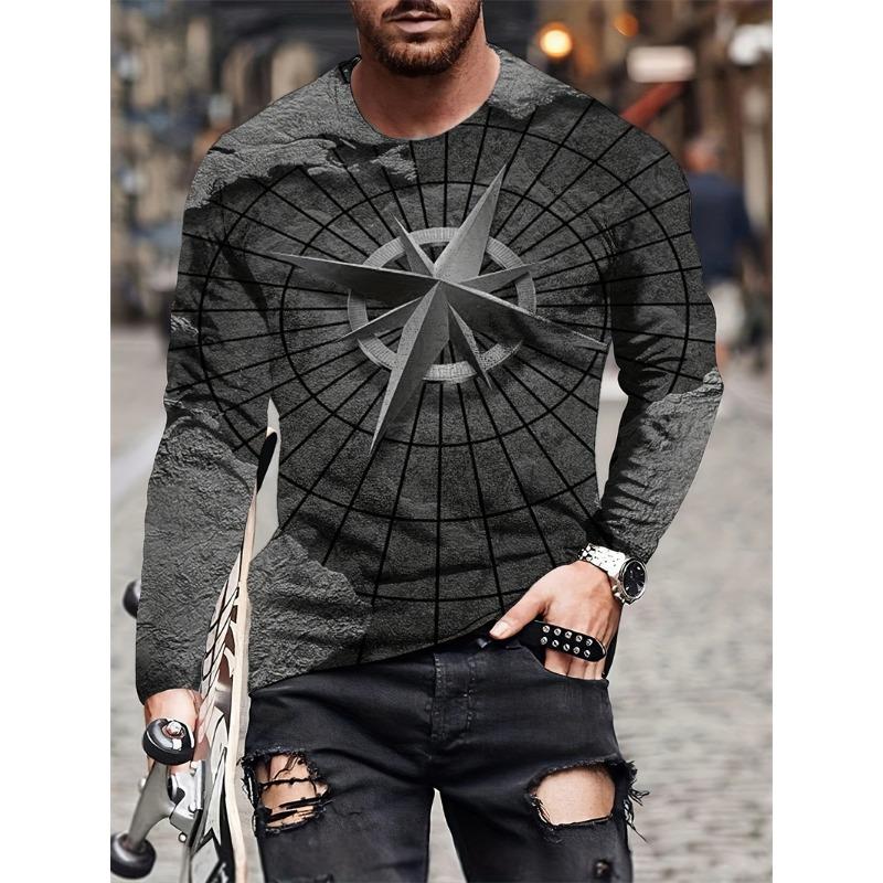 Fashion Compass 3D Printed Men's Long Sleeve T-shirt Spring Retro Casual Crew Collar T-shirt