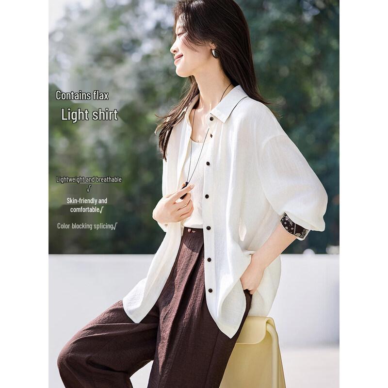 Retro Linen Blend Drop Shoulder Long Sleeve Shirt 2XL