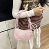 Bow Embroidery Corduroy Shoulder Bag Zipper Closure Handbag Vintage Ruched Underarm Bag  Commute