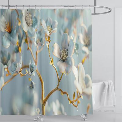 Cortina de baño con estampado de flores estéreo 3D, cortina de ducha impermeable de poliéster, cortina de decoración para el hogar con ganchos