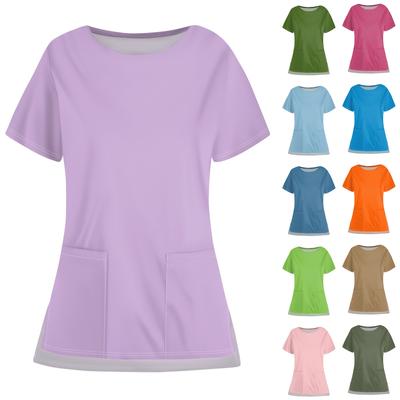 Uniforma de buzunar de culoare solidă, casual, cu gât rotund, cu tiv deschis, uniformă de lucru de protecție