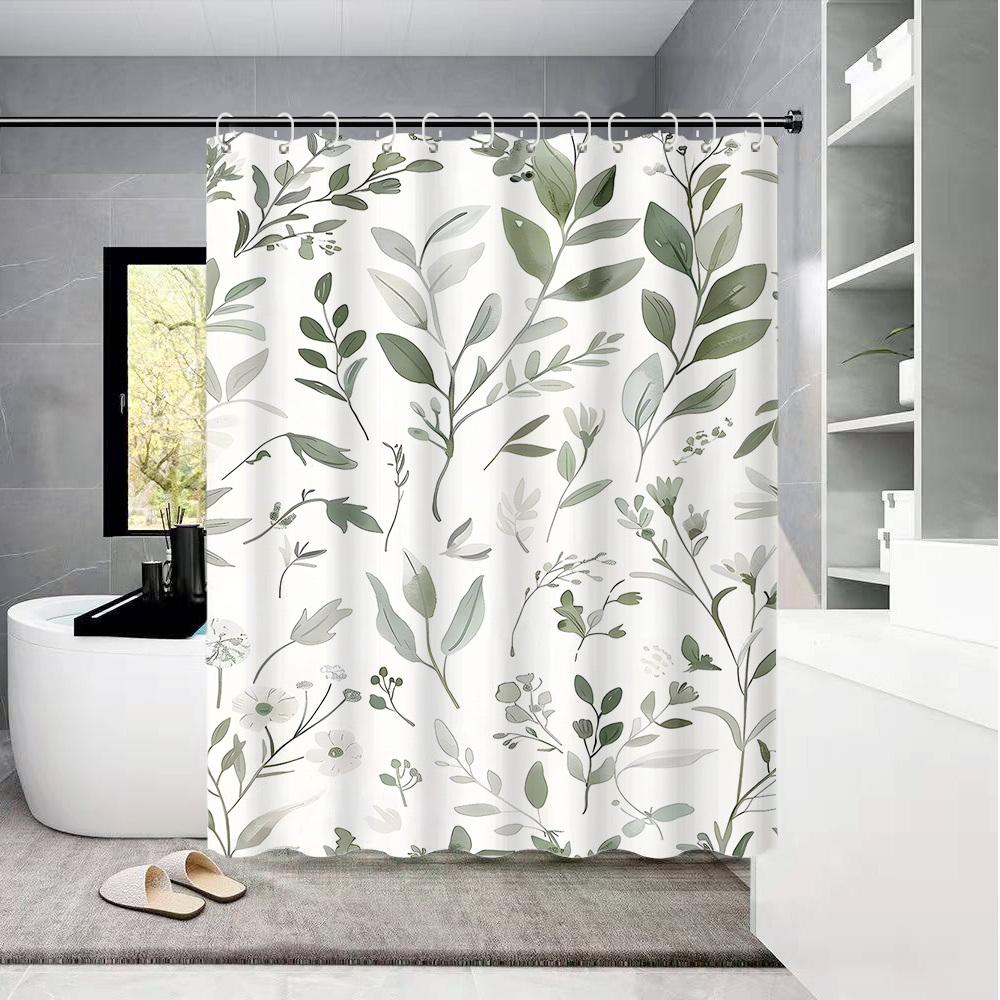 Rideau de douche à impression numérique feuille verte nordique - Imperméable, Idéal pour la décoration de salle de bain et la séparation de toilettes