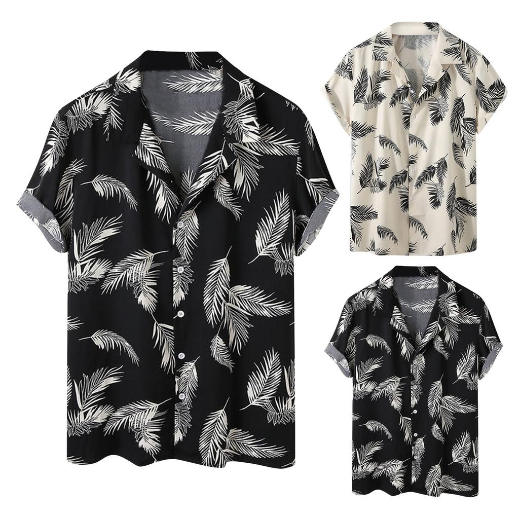 Men's Summer Casual Loose Resort Geometric Print Short Sleeve Top Beach Lapel Shirt