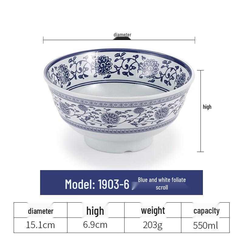 Melamine Blue and White Ramen Bowl