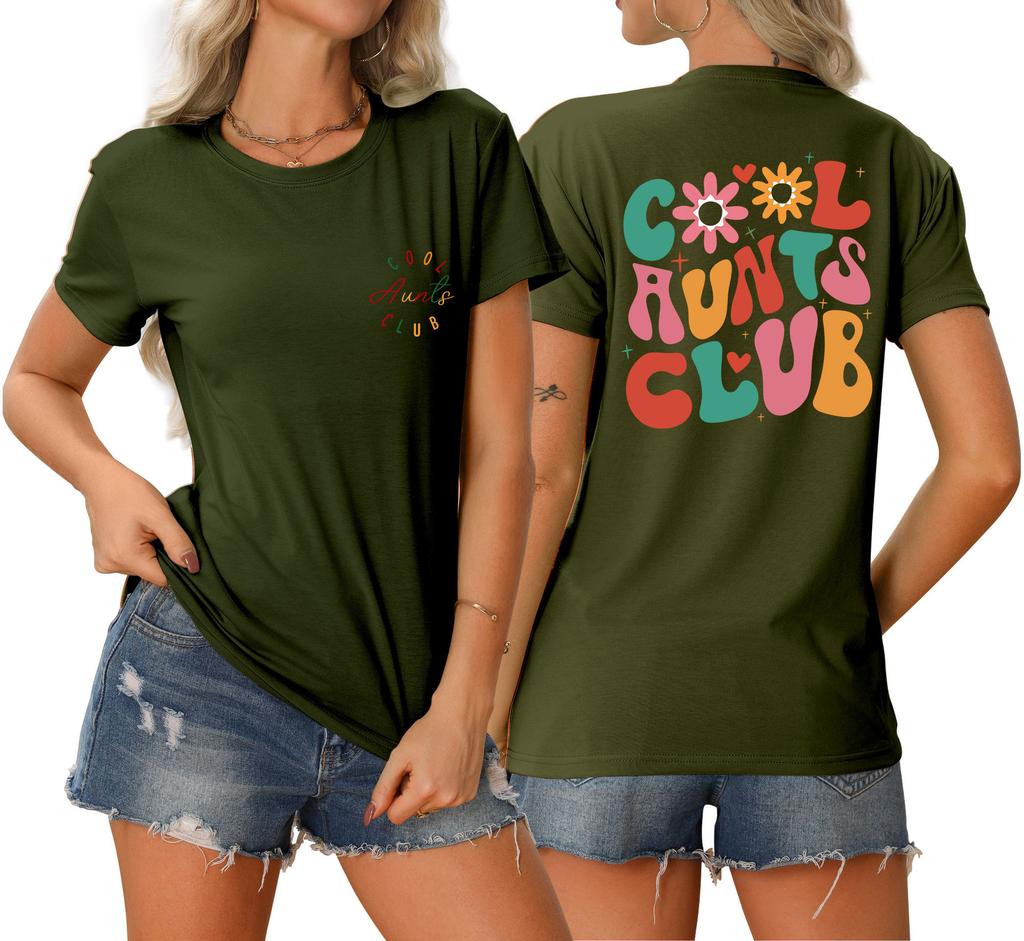 Summer new Womens round neck cool aunts club front and back printed Tshirt loose casual shortsleeved top with a stylish pullo