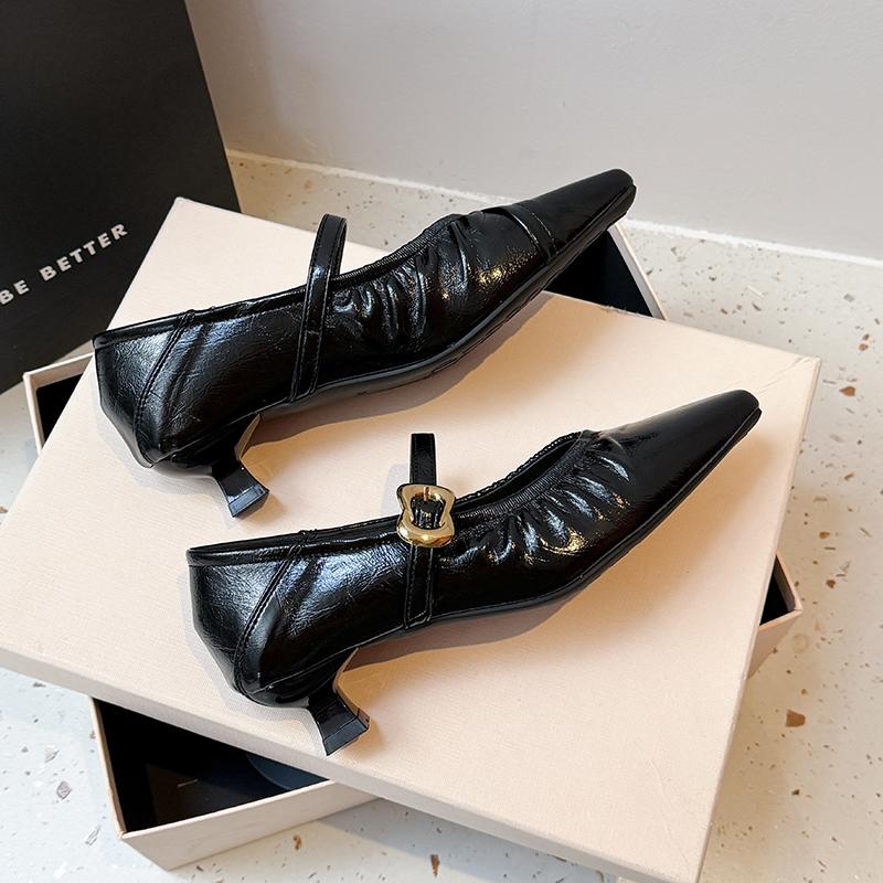 Women's Genuine Leather Pleated Point Toe Slip-on Mary Jane Flats 2cm Kitten Heel Elegant Ladies High Quality Soft Comfort Shoes