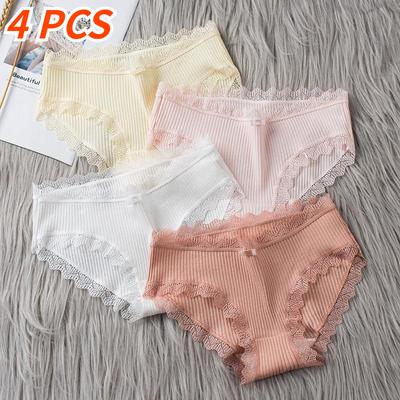 4 PCS Women's Lace Solid Color Threaded Underwear Female Mid-Waist Soft  Lingerie Girl Lingerie Sexy Panties