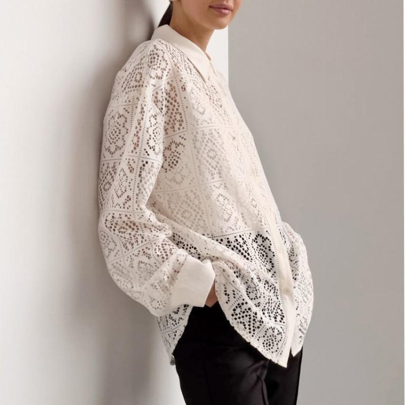 Móda Vintage Elegantní Vyšívané Krajkové Košile Dámské Dlouhý Rukáv Volné Ležérní Dámské Halenky Léto Jednobarevné Zapínání na Knoflíky Košile Topy Dámské Oblečení 26263