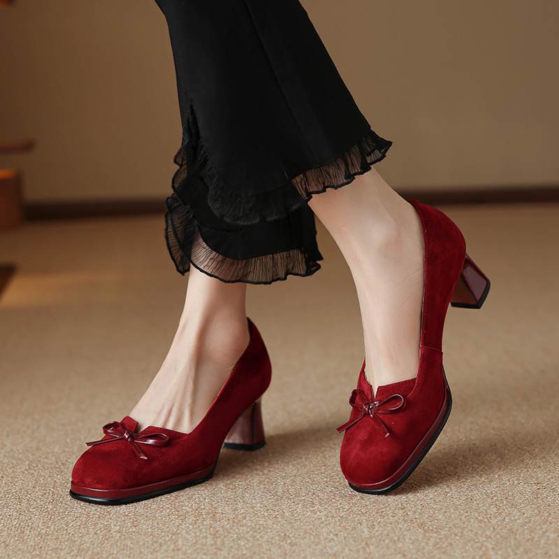 Krazing Pot Suede Round Toe Size 40 High Heels Slip On Platform Butterfly-knot Decoration Casual Autumn Shallow Pumps