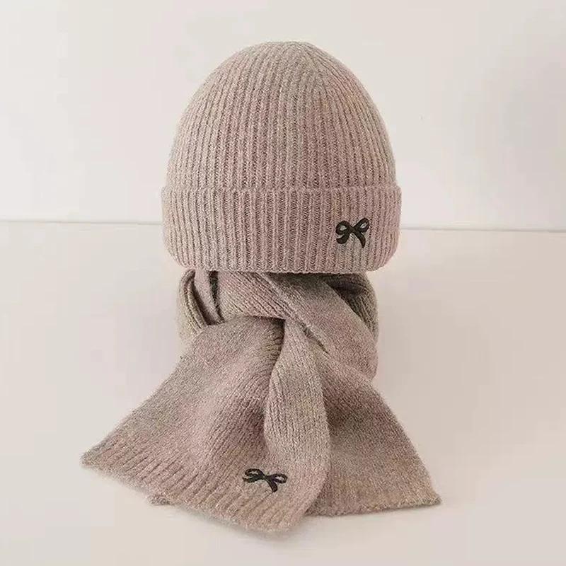 2Pcs Set Korean Children's Hats And Scarves Winter 1-8Y Kids Stylish Bowknot Boy Girl Toddler Windproof Knitted Woolen Cap Scarf