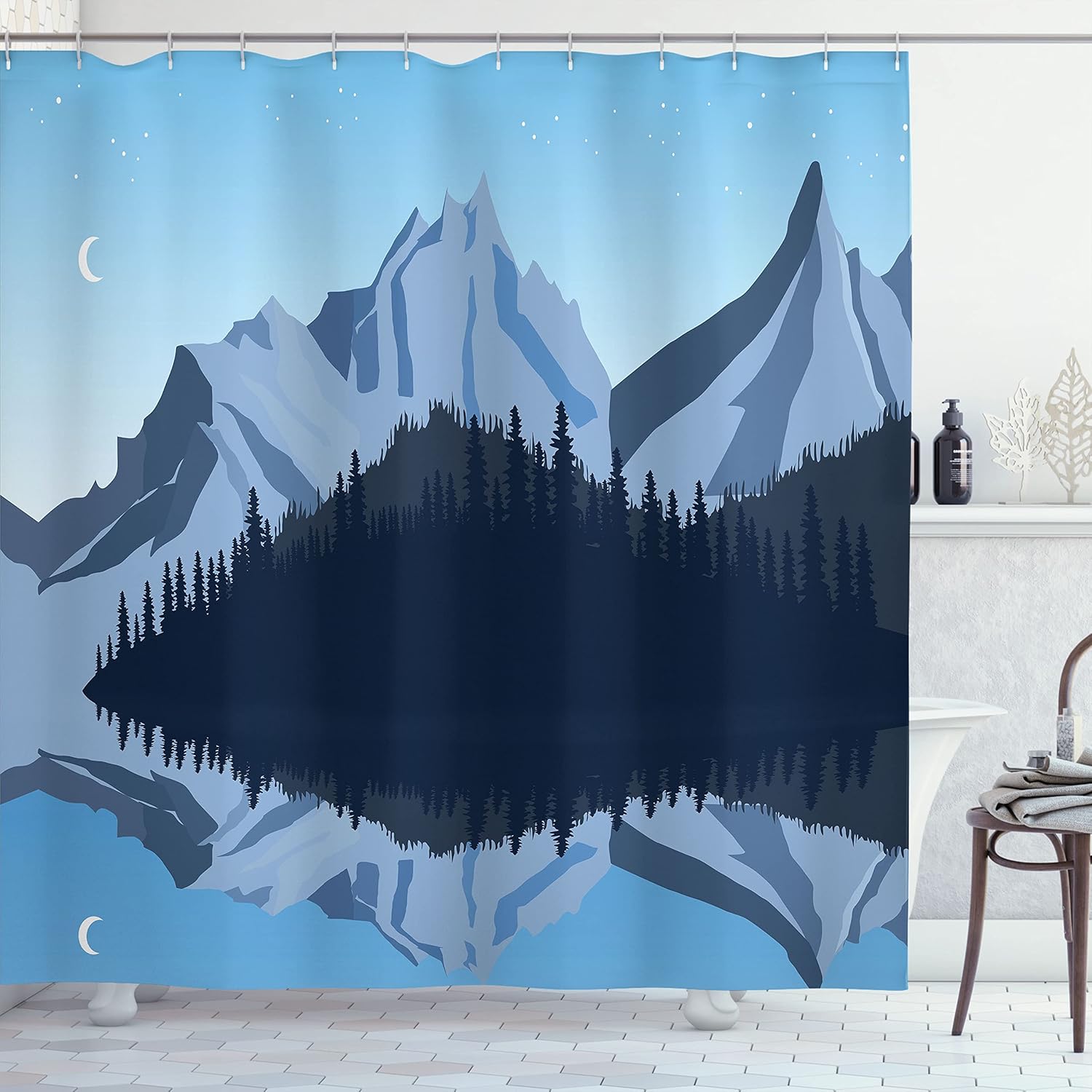 

Night Mountain Shower Curtain Moon Stars Lake Reflection Forest Landscape Art Blue Tone Bath Decor Waterproof Fabric Nature 90x180cm35x71in