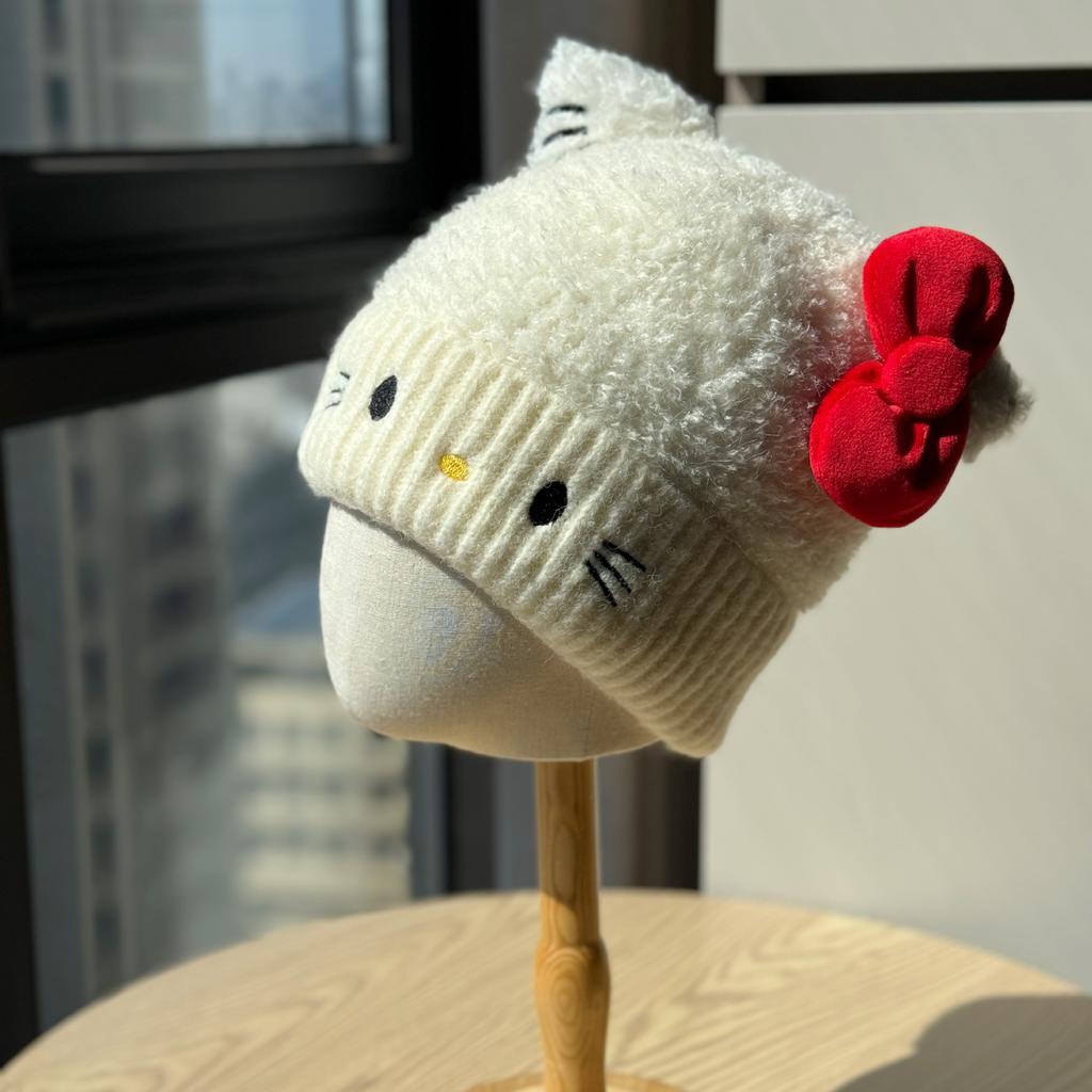 Cute Cat Bow Warm Woolen Hat for Women In Autumn and Winter Versatile Niche Slimming Cat Ears Sweet Knitted Hat
