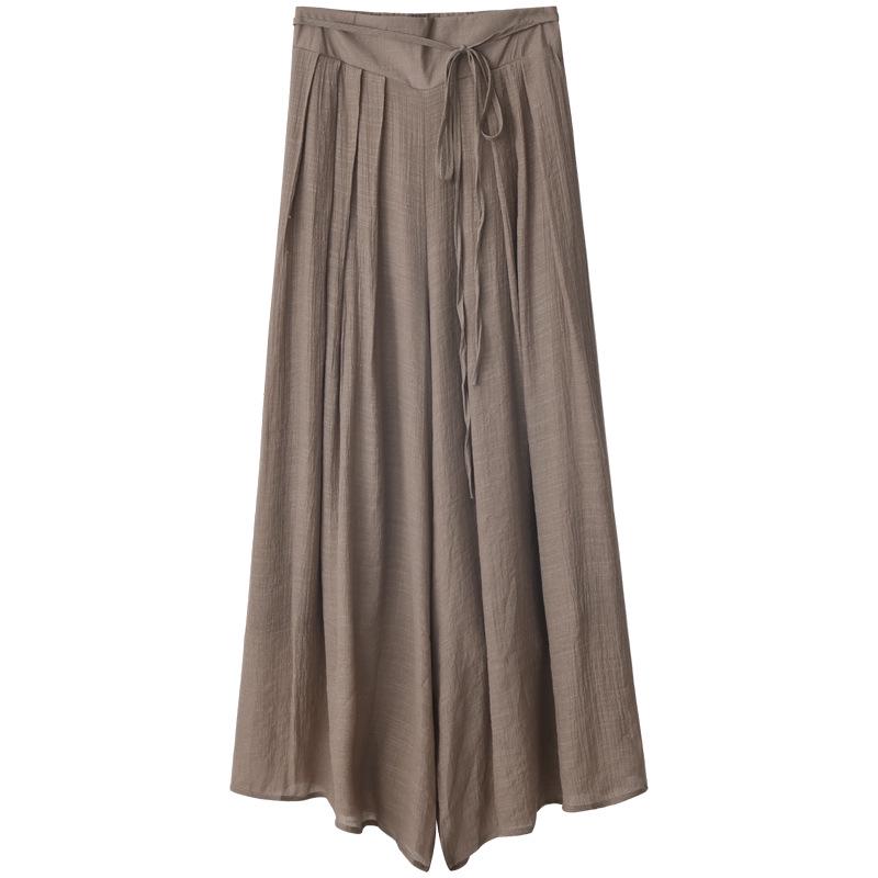 Women's Summer 2024 High-Waist Drape Pants Skirt - Ice Silk & Cotton-Linen Blend with Elastic Waist and Straps
