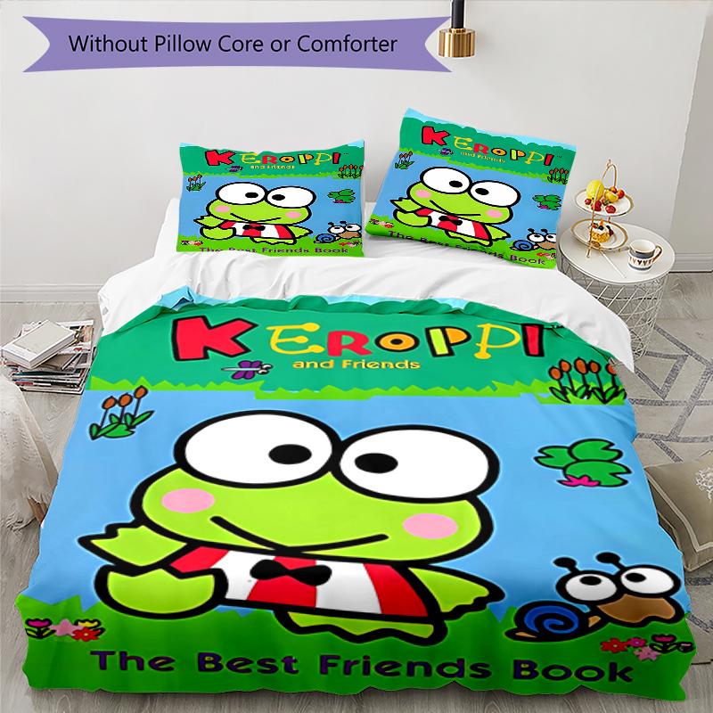 3pcs Sanrio KEROKERO KEROPPI1 Design Cover Set - HD Printed Bedding with 1 Cover and 2 Pillowcases - Perfect for Home and Dorm Decor