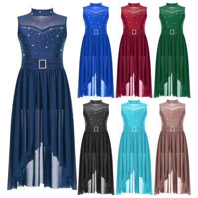 Girls Rhinestone Lyrical Dance Dress Sleeveless Back Hollow High Low Hem Built In Briefs Modern Dance Leotard