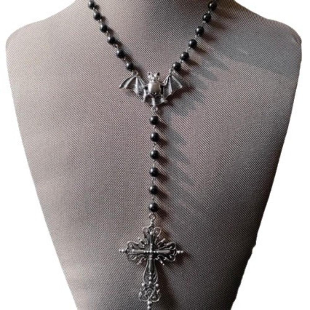 Punk Rock Sliver Color Bat Hollowed-out Pattern Cross Pendant Black Bead Chain Necklace for Women Men Hallowmas Y2K Jewelry Gift
