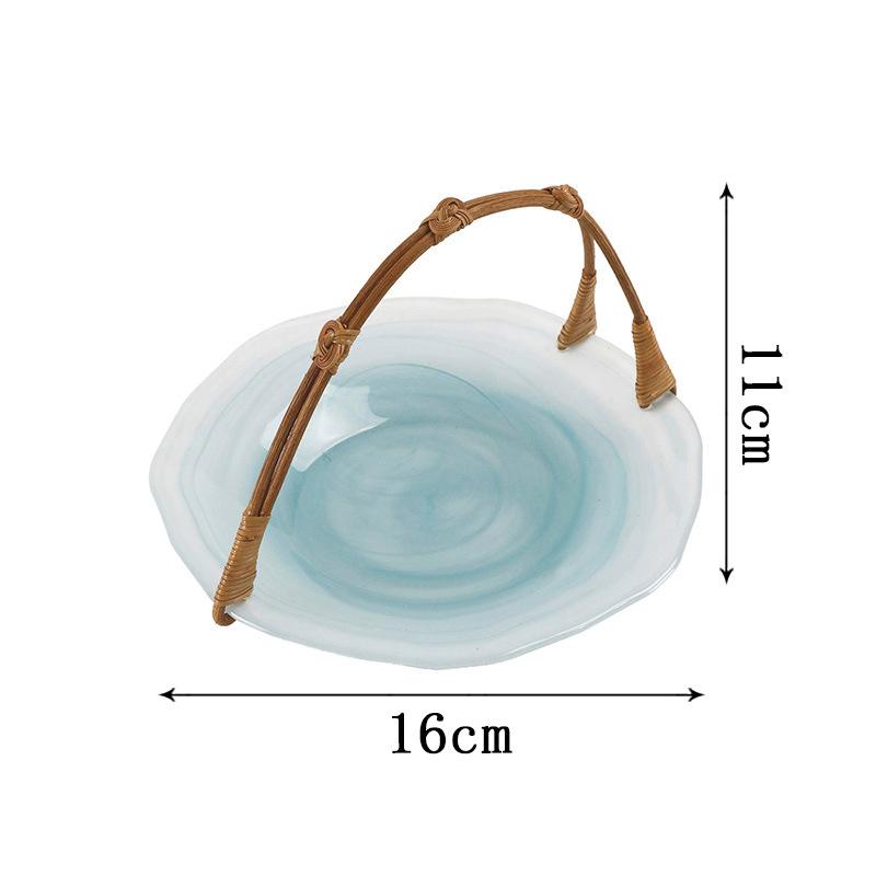 

Ceramic Bamboo and Rattan Handle Fruit Basket Household Creative Tea Table Fruit Snack Tray Chinese Coloured Glaze Dessert Tray