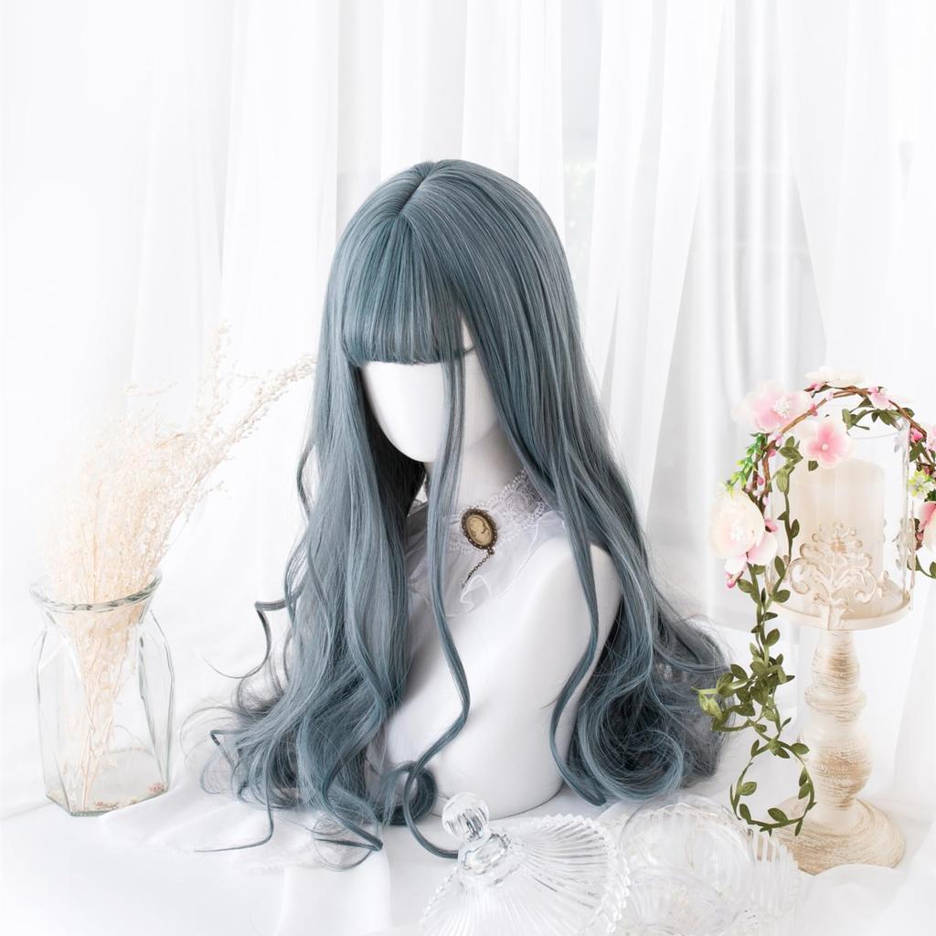 Sizuuenn Lolita-Perücke mit langem, lockigem Haar und tiefem Pony, blaue Perücke, aschblau, hitzebeständig, Hochtemperatur-Haarfaden, Cosplay-Perücke, spezielles Netz für Veranstaltungen