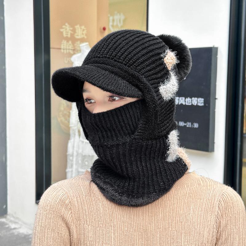 Winter outdoor thermal pullover hat children fleece ear protectors knitted wool hat riding face mask scarf integrated