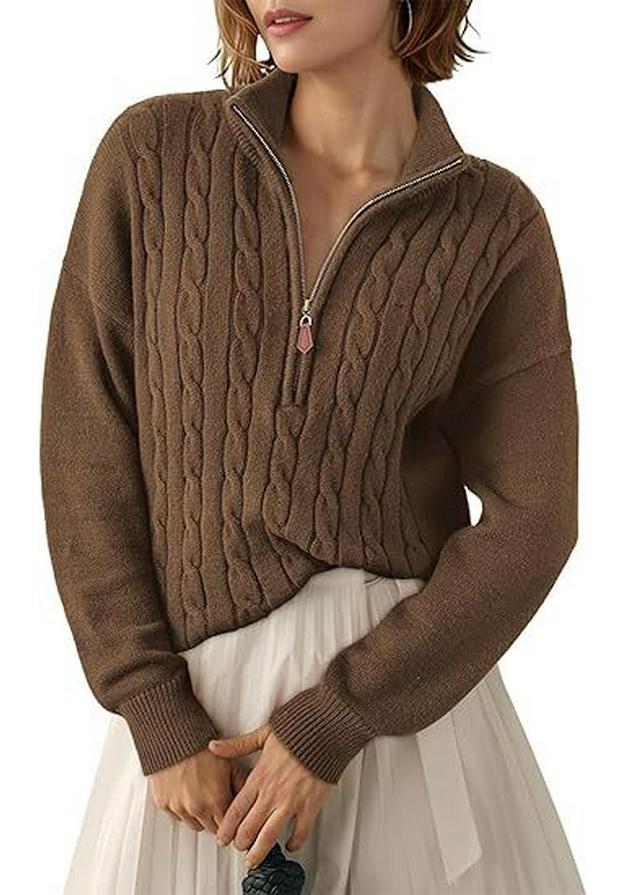 Women's Half-High Collar Zipper Ribbed Knit Pullover Sweater, Short-Sleeve, Loose Fit, 2025 Autumn/Winter Collection.