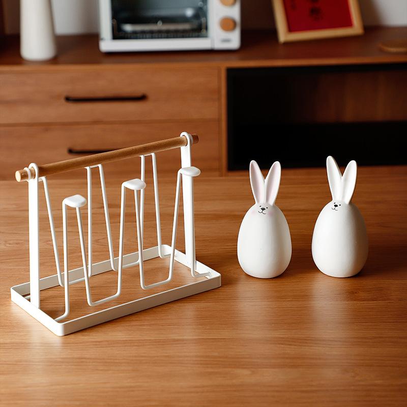 Portable Iron Cup Holder Household Coffee Cup Drain Rack Wooden Handrail Glass Holder Kitchen Living Room Cup Storage Shelf