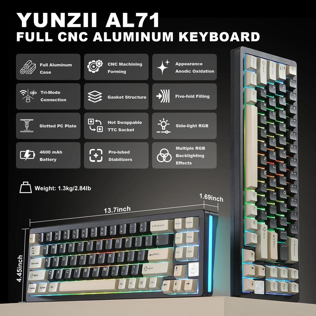 YUNZII AL71 Gaming Full Aluminum Mechanical NKRO Wireless RGB for Technical Standards Compliance Certified Crystal White 68% Keyboard, CNC, Hot-Swap,
