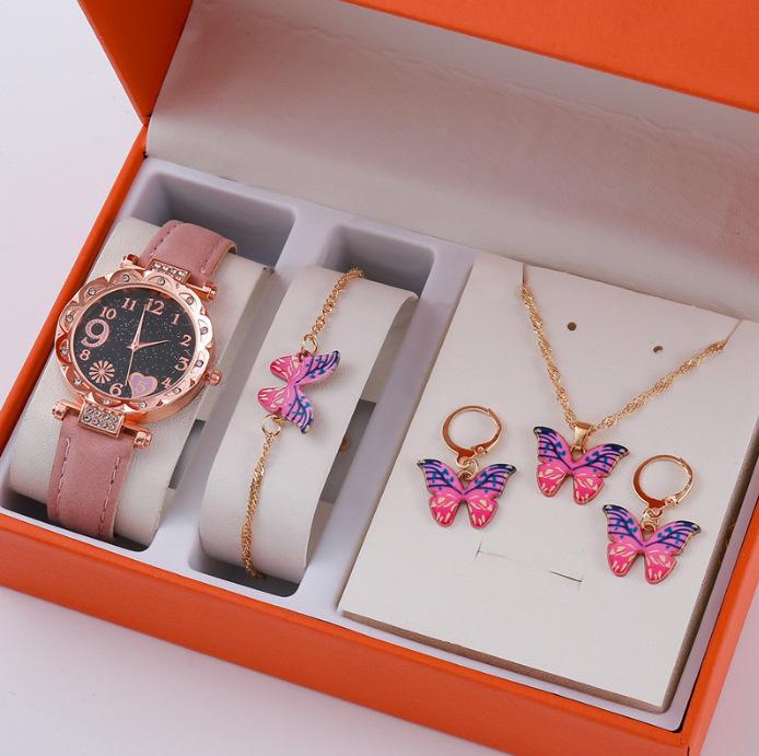 European And American New Crystal Love Jewelry Fashion Temperament Peach Heart Necklace Earrings Ring Bracelet Four-Piece Set