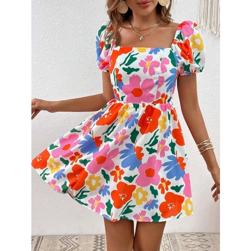Women Floral Print Mini Dress Square Neck Puff Sleeve Waist Casual Elegant Summer Party Dress
