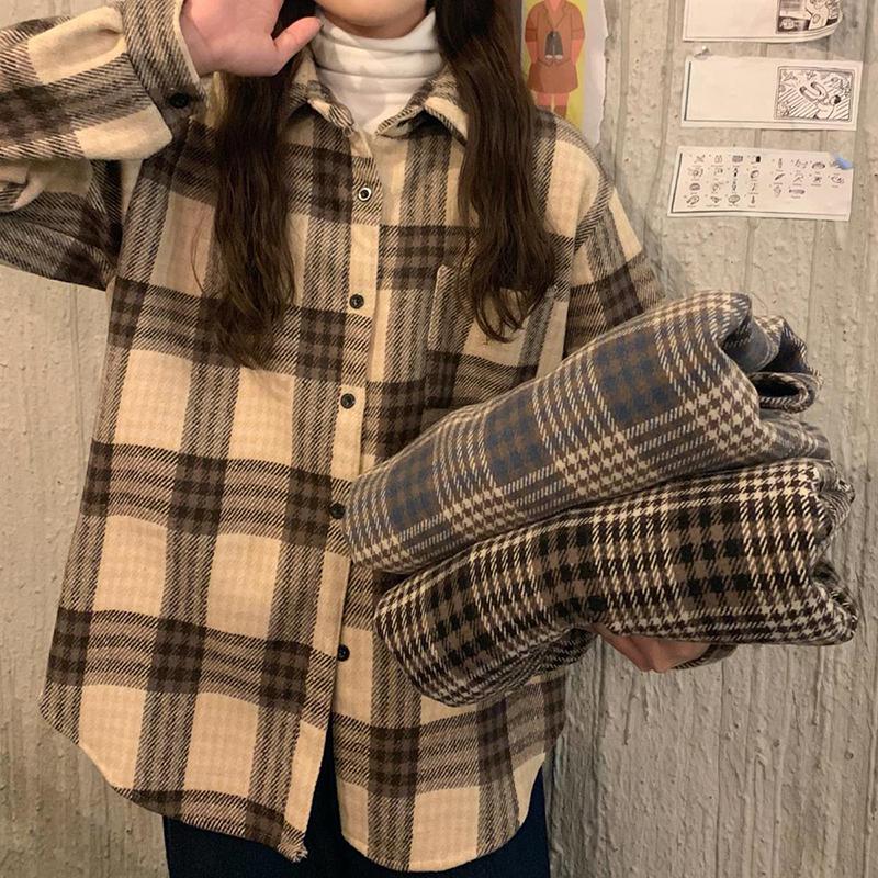WTEMPO Autumn Winter Thickened Plush Plaid Shirts Women's Vintage Chic Loose Casual Warm Shirt Coats with Buttons