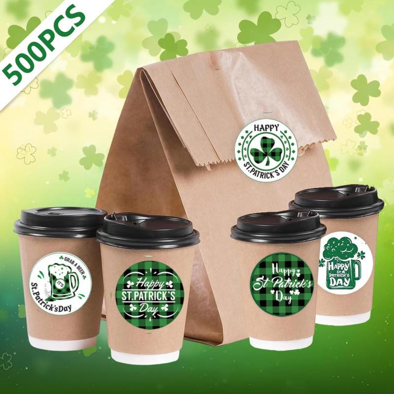 500Pcs/roll St Patricks Day Stickers,Shamrock Clover Label Party Decals Seals Cards Envelopes Rewards Scrapbooking Decorations
