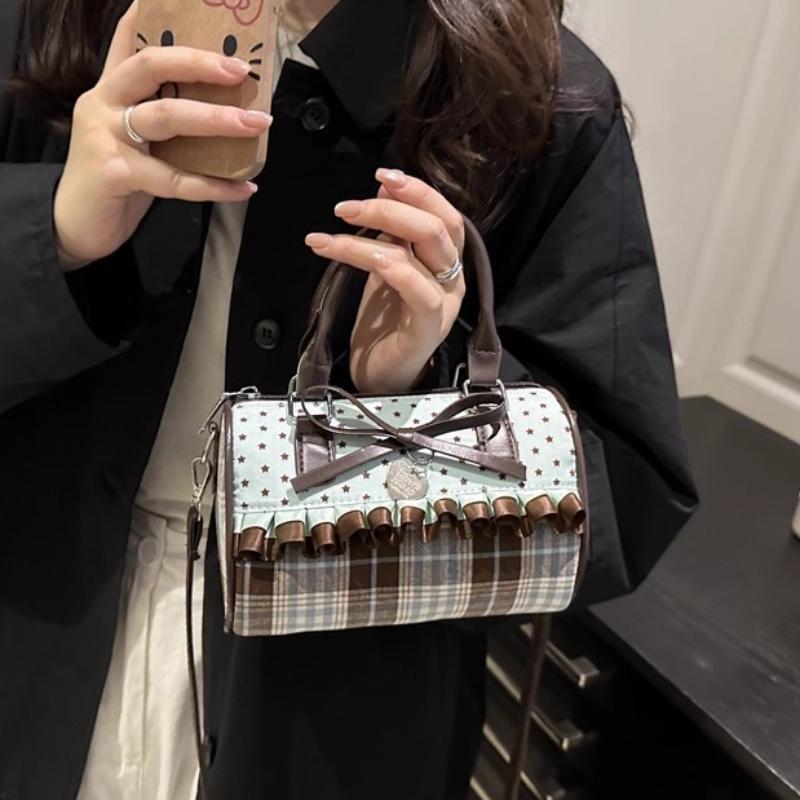 Korean Bow Pillow Bag Women Star Checkered Handbag Blue Brown Pleated Edge Shoulder Bag Cute Heart-shaped Pendant Crossbody Bag