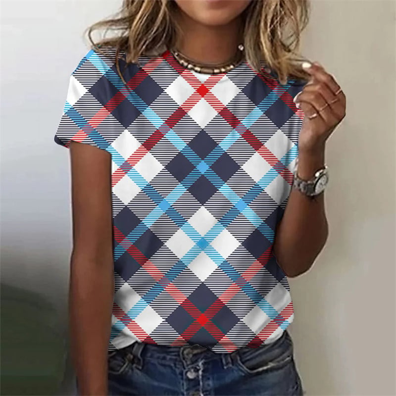 Stripe grid retro pattern 3D printed T-shirt for women's round neck T-shirt