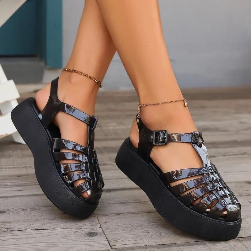 Fashion Shoes Cswo01 Women's Summer Platform Fisherman Sandals Closed Toe Glossy Patent Leather Buckle Strap Non-Slip Sole Casual Daily Walking Shoes Cm