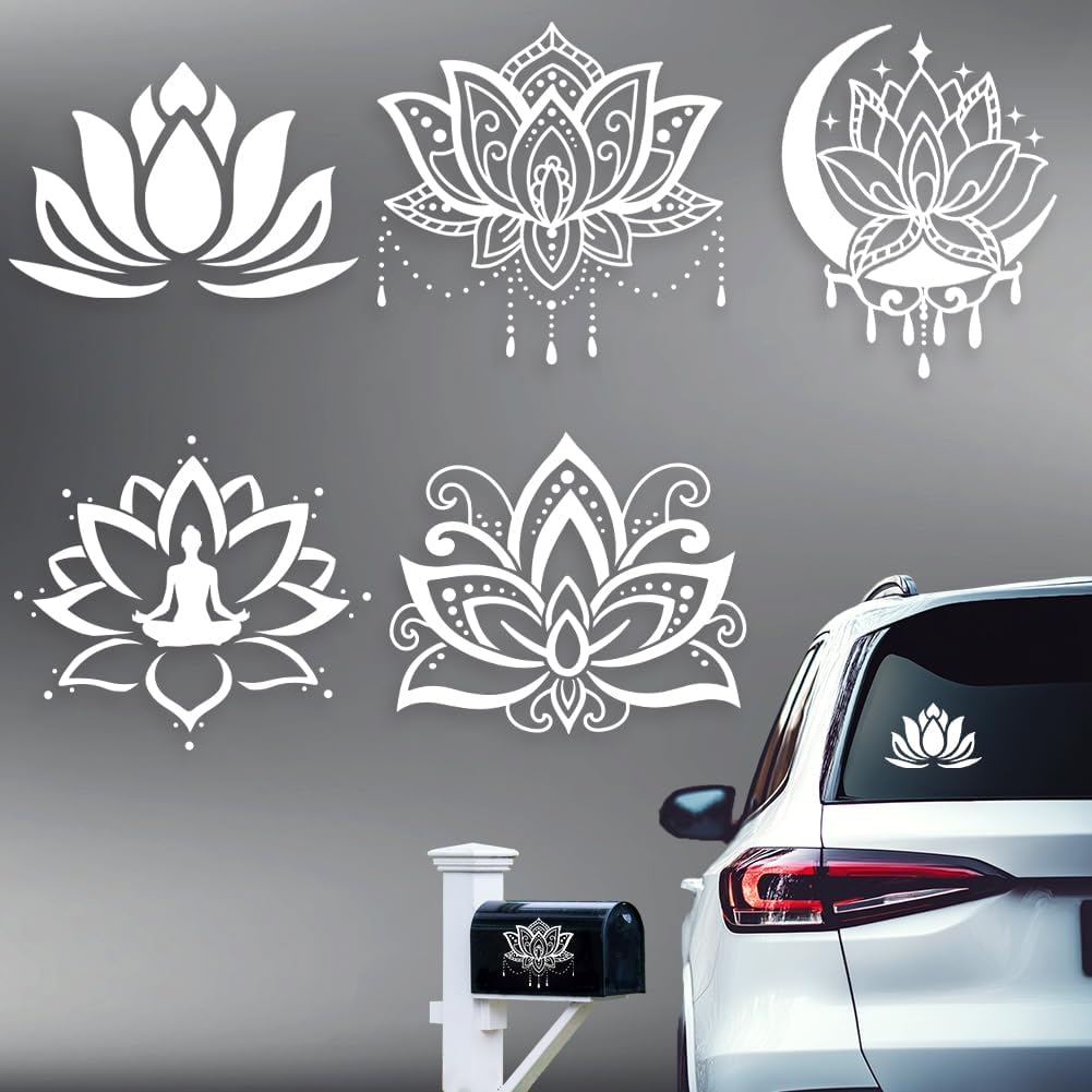 5Pcs Lotus Car Stickers Lotus Yoga Vinyl Car Decals Summer Flower Plastic Vehicle Decoration Decal for Auto Window and Body Cling