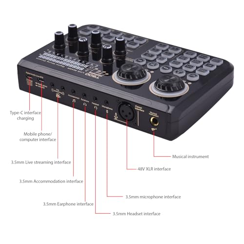 Btuty Soundboard Audio Mixer Live Sound Card with Dynamic LED Colorful Lights, BT Wireless, Plug and Play, One-Click Noise Reduction, Rechargeable for