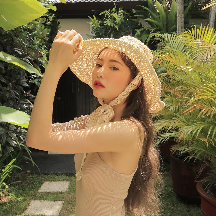 Versatile Style Hat Straw Woven Hollow Lace Strap Womens Sunshade Hatscaps