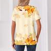Women's Fashion Casual V-Neck Short Sleeve T-Shirt with Leaf Print and Decorative Buttons