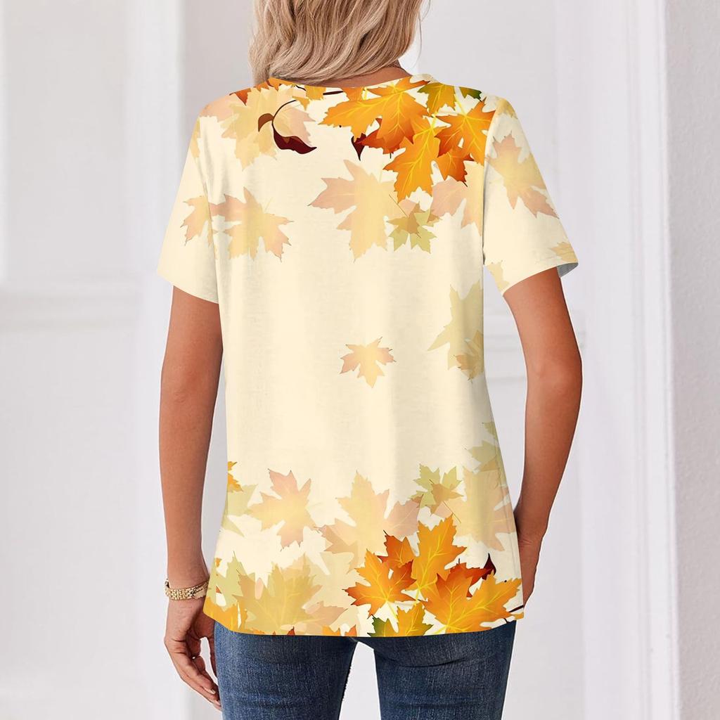 Women's Fashion Casual V-Neck Short Sleeve T-Shirt with Leaf Print and Decorative Buttons