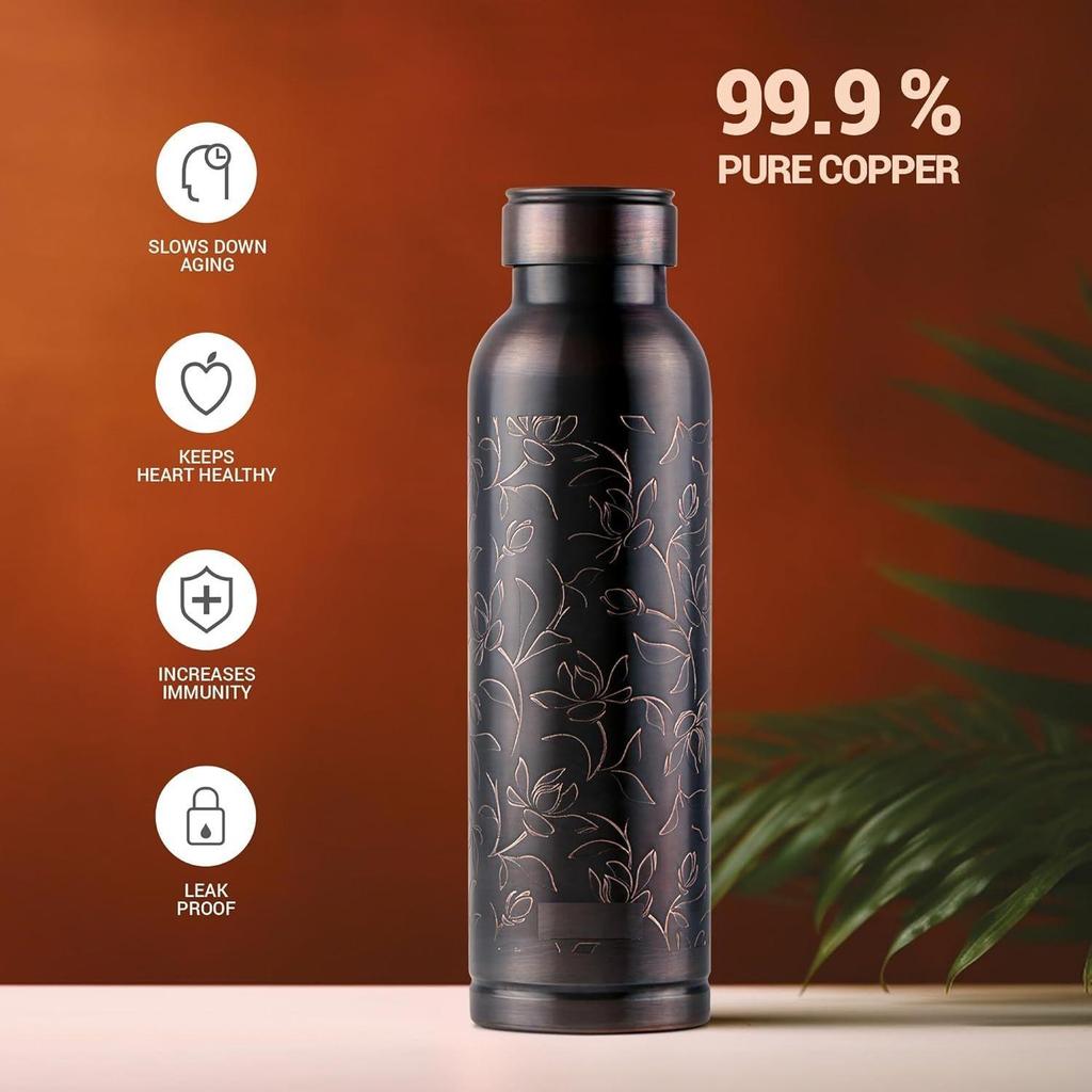 Koppar Swasth Vattenflaska, 940 ml, Svart Lotus | Lackbeläggning, Böjd flaska | Diwali | Festlig | Gåva | Yoga | Hem | Kök | Vedisk