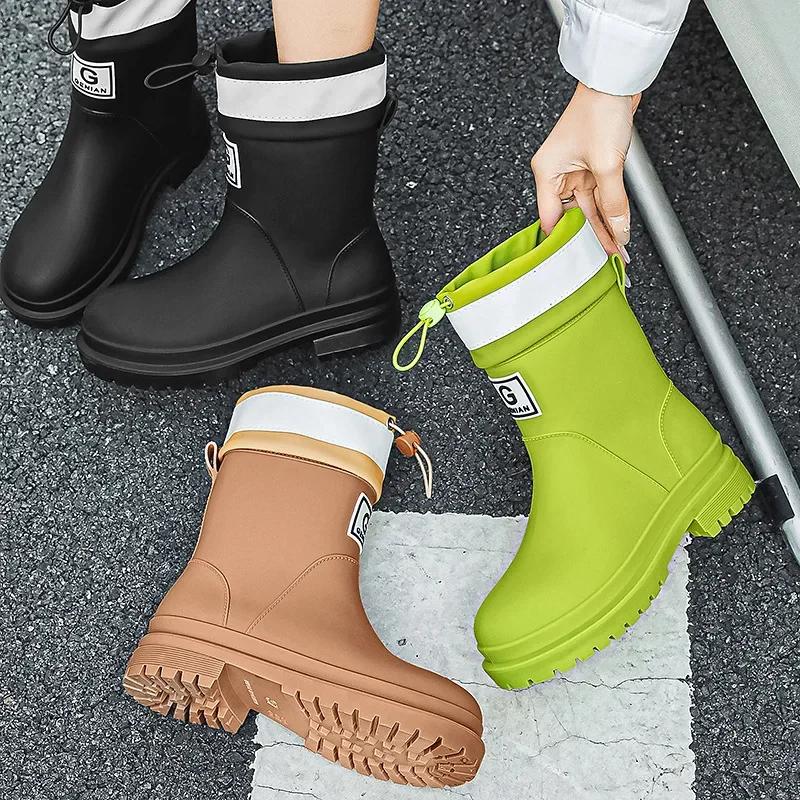 Fashion 2024 New Windproof Rain Boots Women Leather Mid-calf Rainboots Fashion Elastic Band Rain Shoe Ladies Cotton Waterproof Work Boot