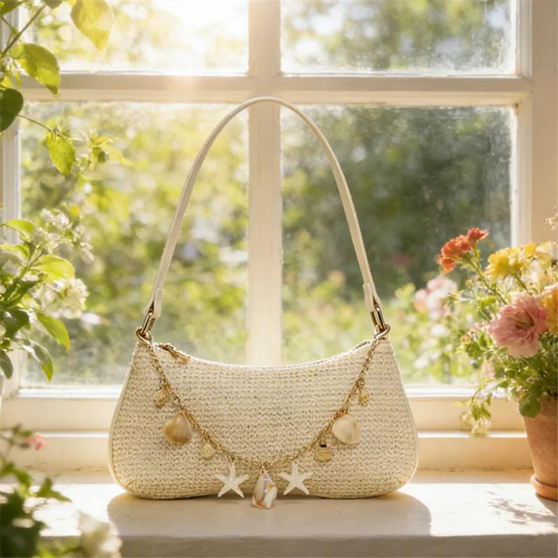 Yogodlns Summer Straw Handbag Purse Chic Weaving Shoulder Bags with Seashell Embellishments Tote Bag for Women Vacation