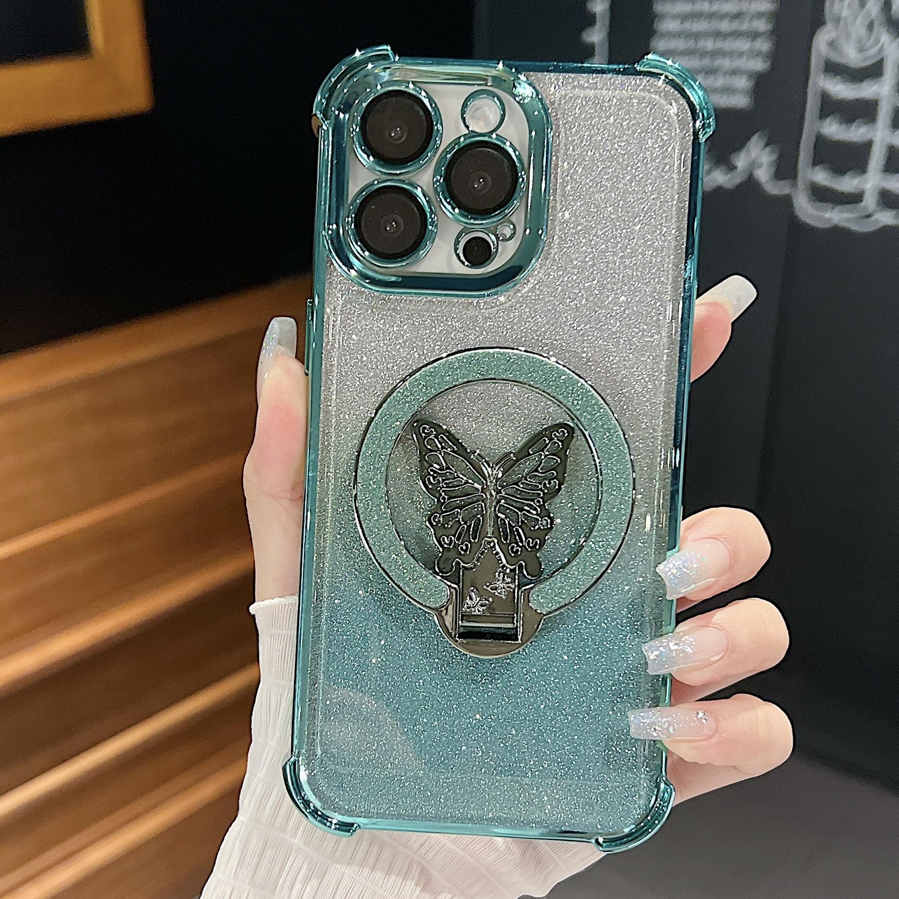 

Четырехугольная противоударная подушка безопасности подходит для чехла для телефона IPhone 16PROMAX и чехла-подставки с градиентными блестками и бабочкой для IPhone 15 iPhone11Promax зелёный